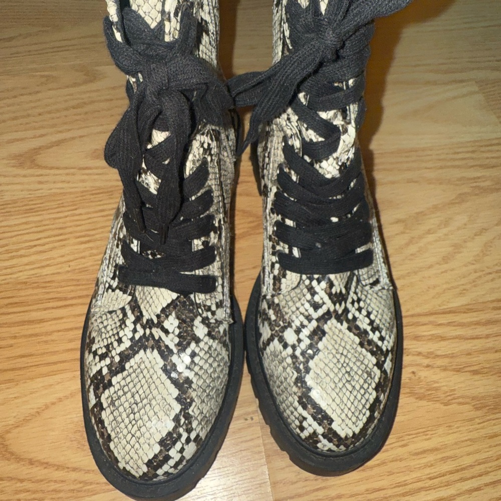 Steve Madden Black and Cream Snakeskin Combat Boots